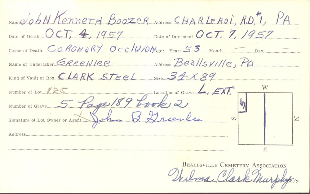 John Kenneth Boozer burial card